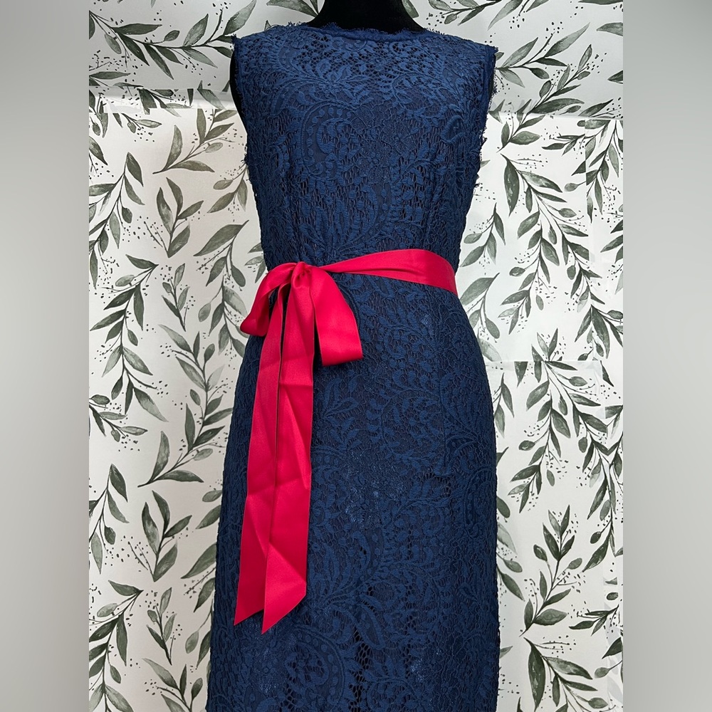 Retro Vintage Navy Blue Lace Sleeveless Dress Vibrant Red Satin Sash Size M #D - Picture 3 of 11